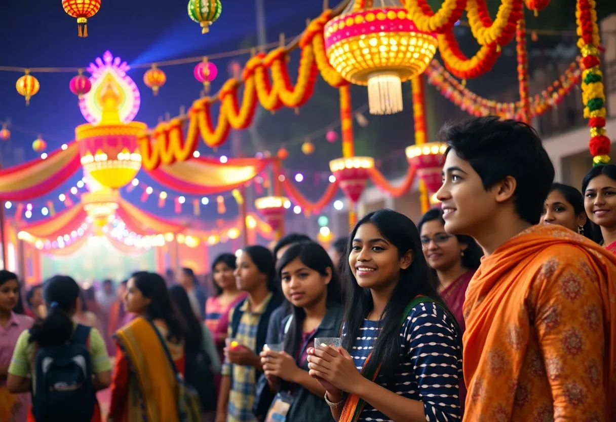 Students celebrating Diwali with colorful decorations and lights