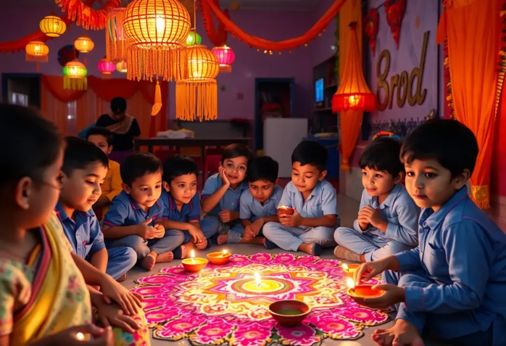 Children participating in Diwali celebration activities at school