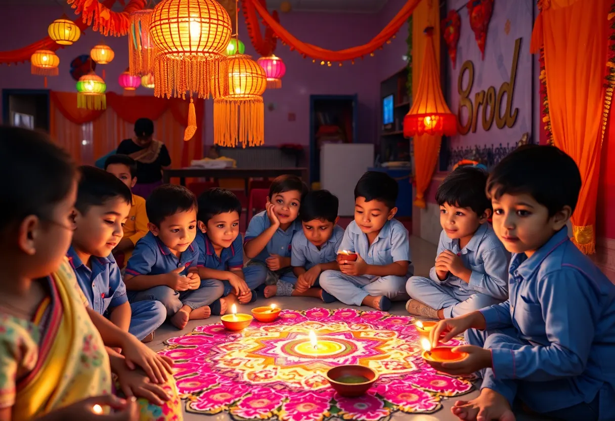 Children participating in Diwali celebration activities at school