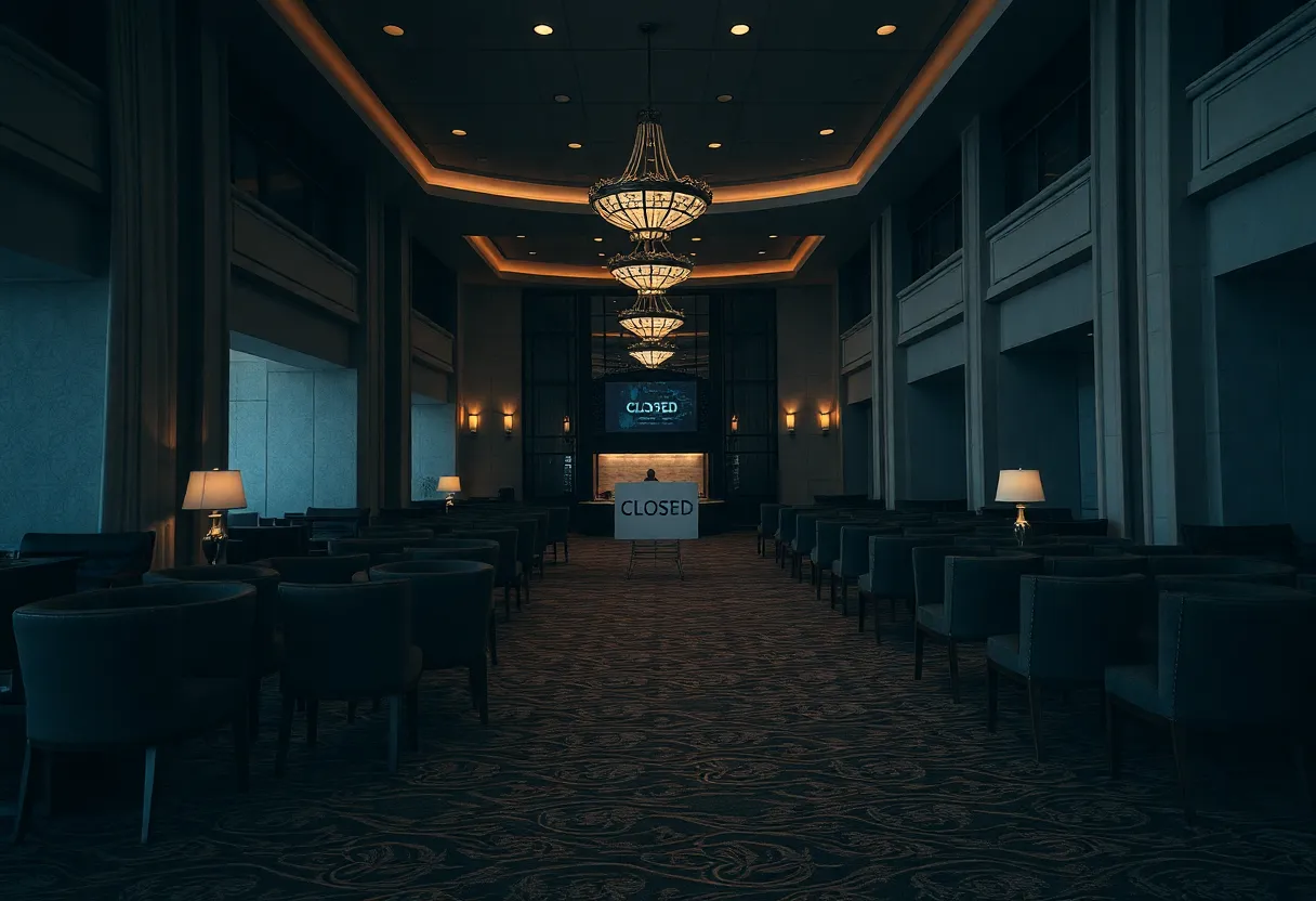 Deserted hotel lobby with a 'Closed' sign.