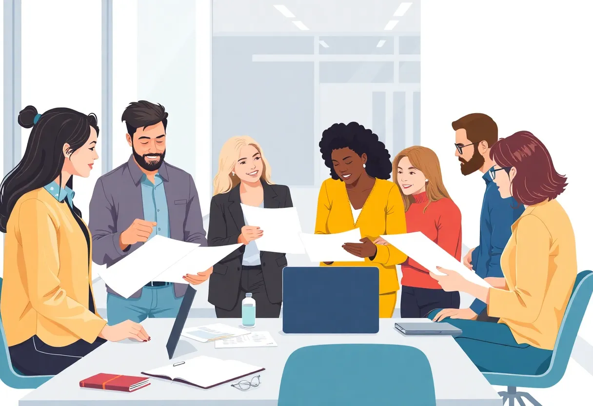 Group of entrepreneurs collaborating on LLC formation in an office