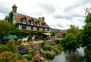 Exterior of Fainting Goat Island Inn surrounded by gardens