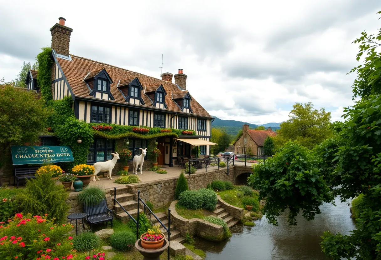 Exterior of Fainting Goat Island Inn surrounded by gardens