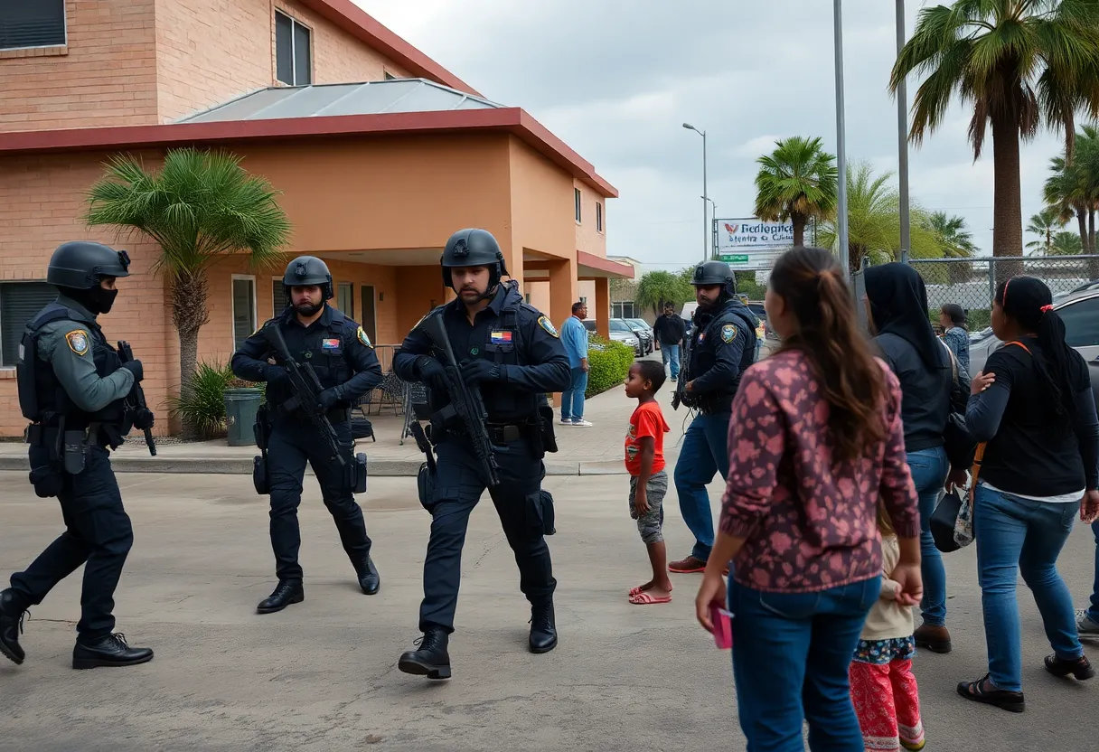 Federal agents conducting a raid outside a hotel shelter for migrants