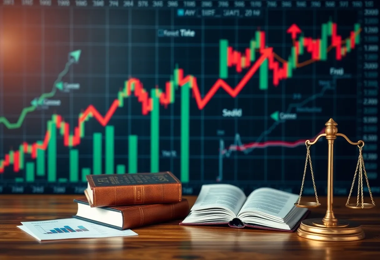 Illustration of financial market dynamics and legal aspects of trading.