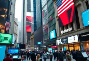Bustling financial district showcasing stock market activities.