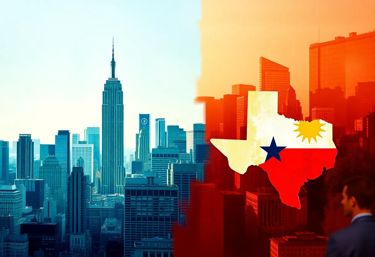 Illustration of the New York and Texas skylines representing economic changes in the financial sector.