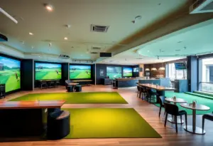 Interior view of Five Iron Golf venue in Brooklyn with simulators