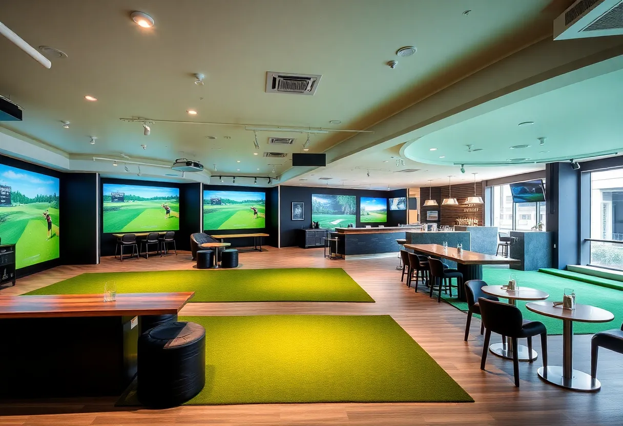 Interior view of Five Iron Golf venue in Brooklyn with simulators