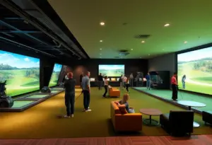 Interior of the new Five Iron Golf venue in Williamsburg with simulators and lounge area
