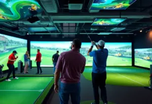Indoor golf facility at Five Iron Golf Williamsburg featuring simulators and coaching.