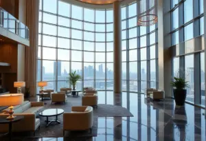 Luxurious lobby of Four Seasons Hotel New York Downtown with elegant decor.
