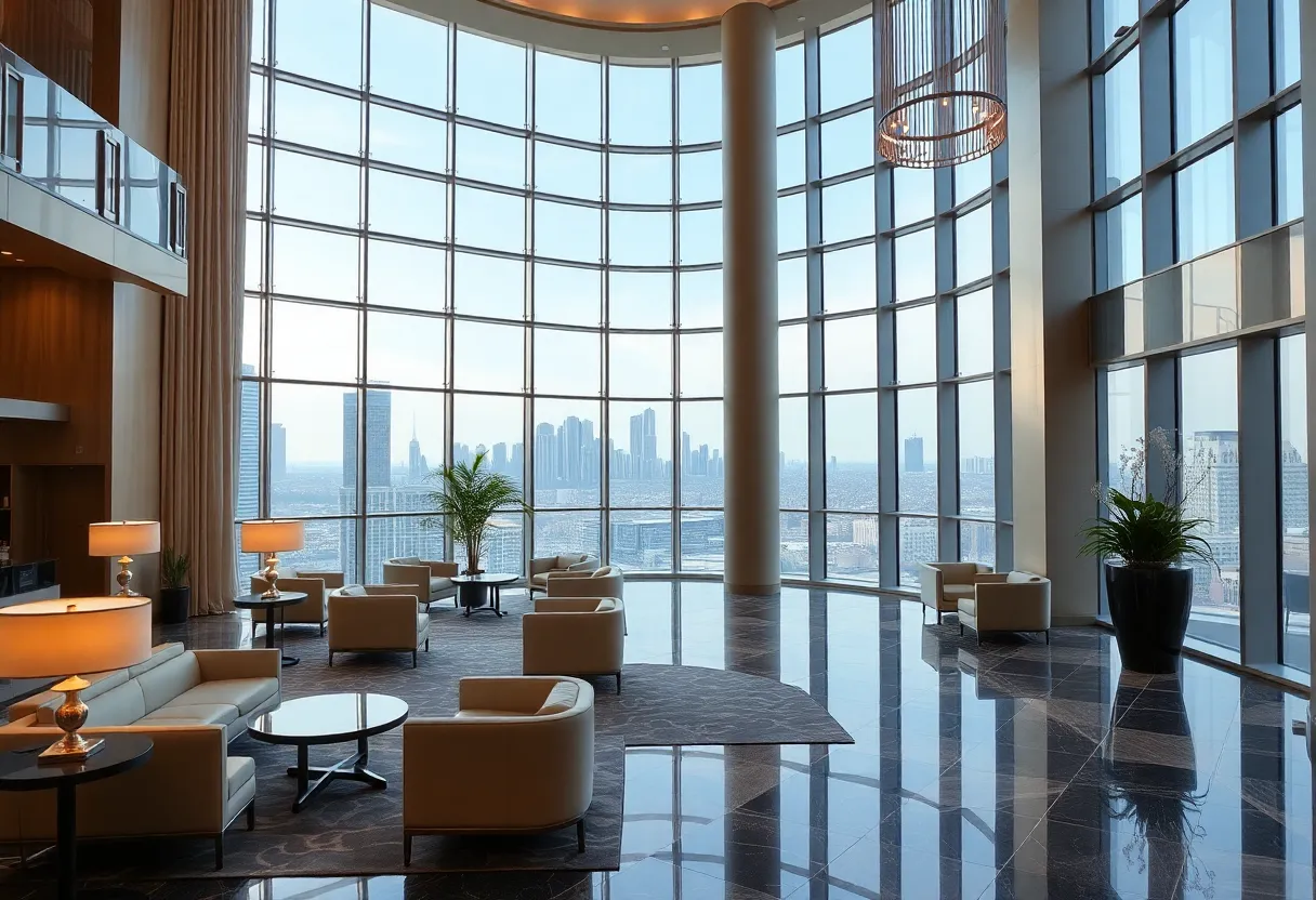 Luxurious lobby of Four Seasons Hotel New York Downtown with elegant decor.