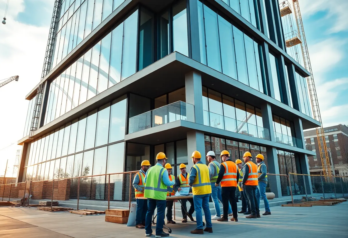 Modern construction office in Newark with team meeting