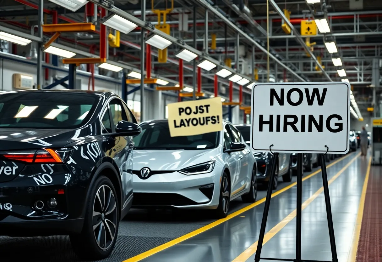 GM factory showing electric vehicle production with a 'Now Hiring' sign