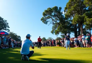Exciting golf tournament atmosphere with players and fans
