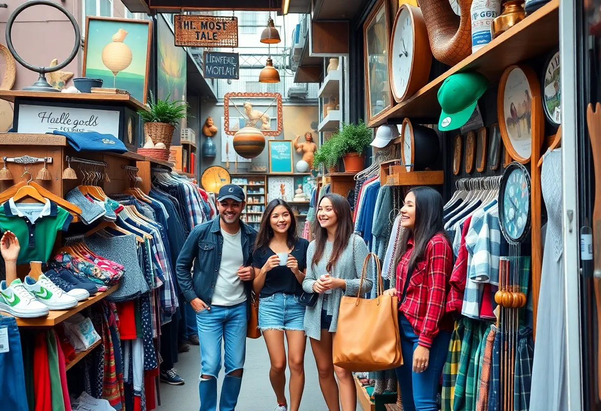 Group shopping at thrift store in Manhattan with golf items