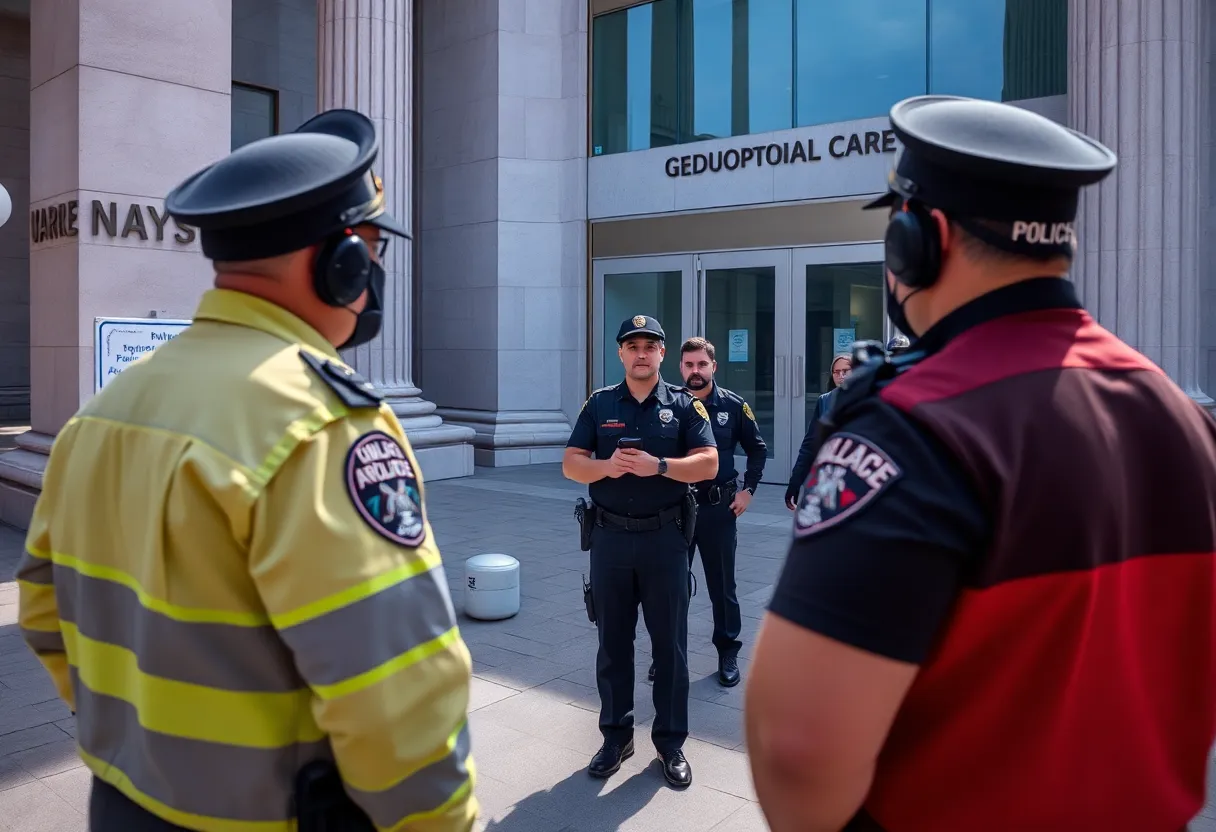 Police discussing case of grand larceny outside a government building