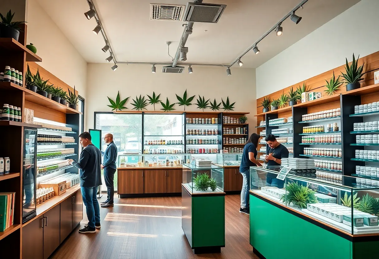 Interior view of a cannabis dispensary showcasing products and customers.