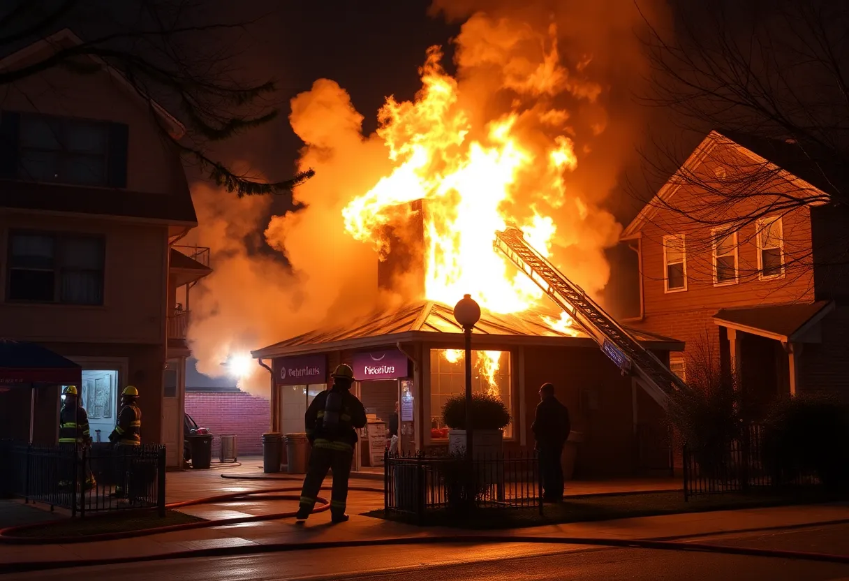 Firefighters extinguishing a fire at a commercial building in Hicksville