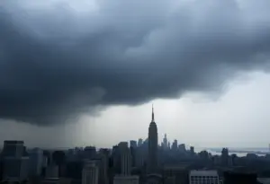 Stormy sky over New York City indicating hurricane conditions