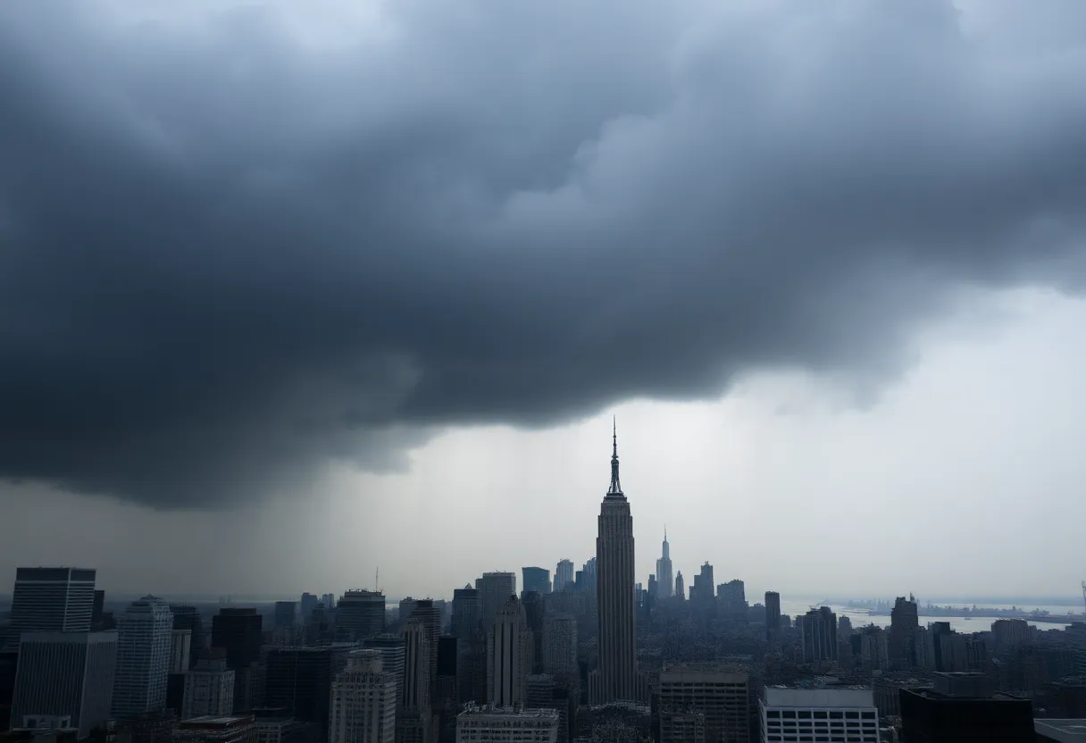 Stormy sky over New York City indicating hurricane conditions