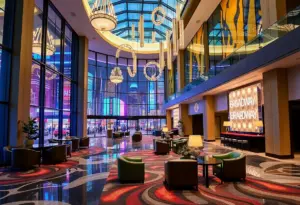 Lobby of Hyatt Regency Times Square showcasing vibrant décor and a glass atrium.