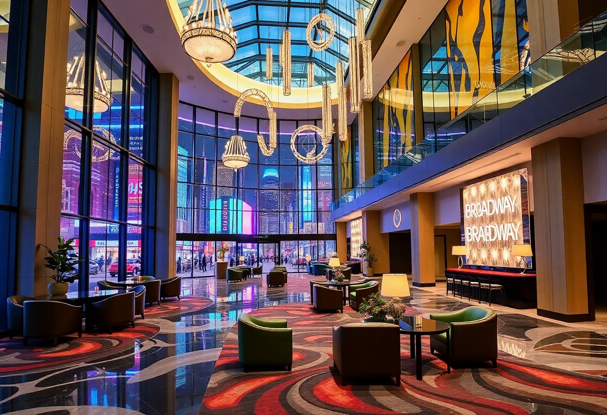 Lobby of Hyatt Regency Times Square showcasing vibrant décor and a glass atrium.