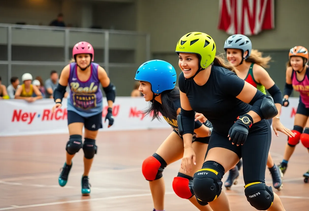 Diverse athletes in a roller derby match promoting inclusivity.