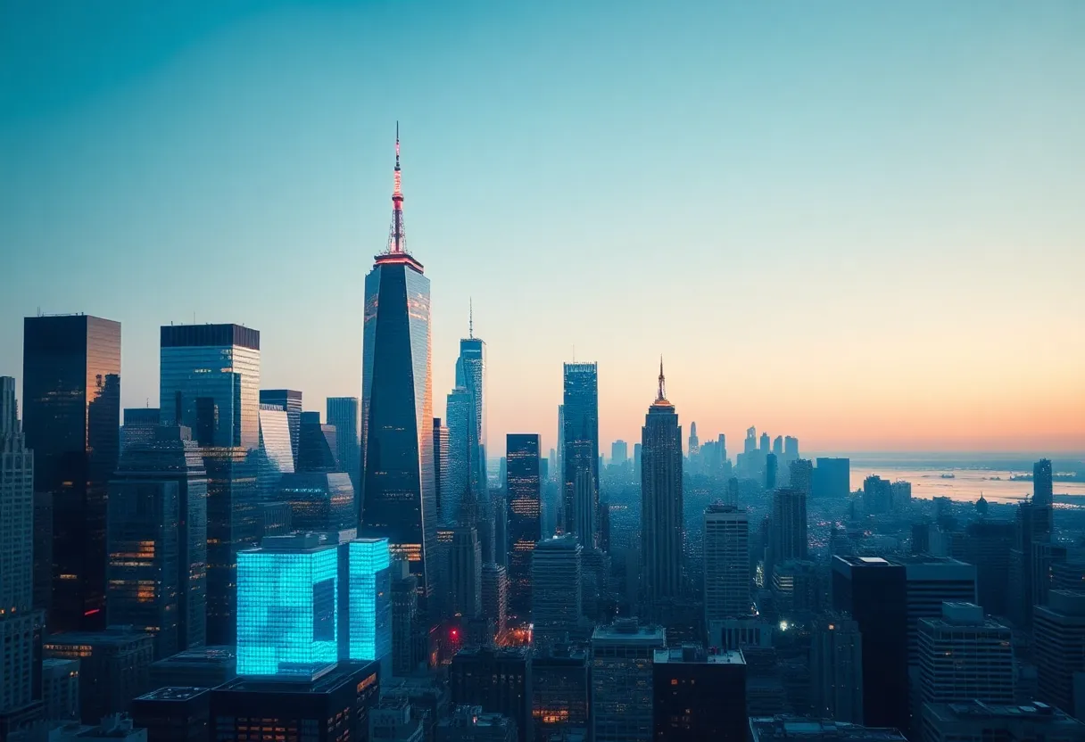 An illustration of New York City representing innovation and economic growth with a focus on technology.