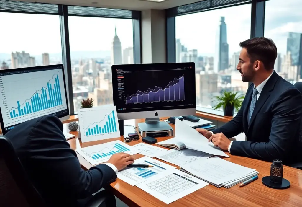 An office with financial analysis tools and a view of the city