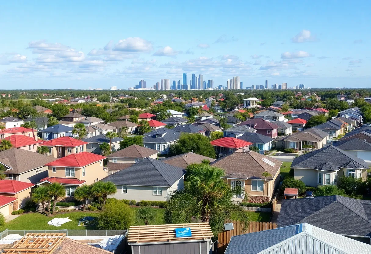 Aerial view of a Jacksonville neighborhood with construction sites and various home styles.