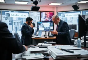 Journalists in a newspaper office discussing misinformation in media.