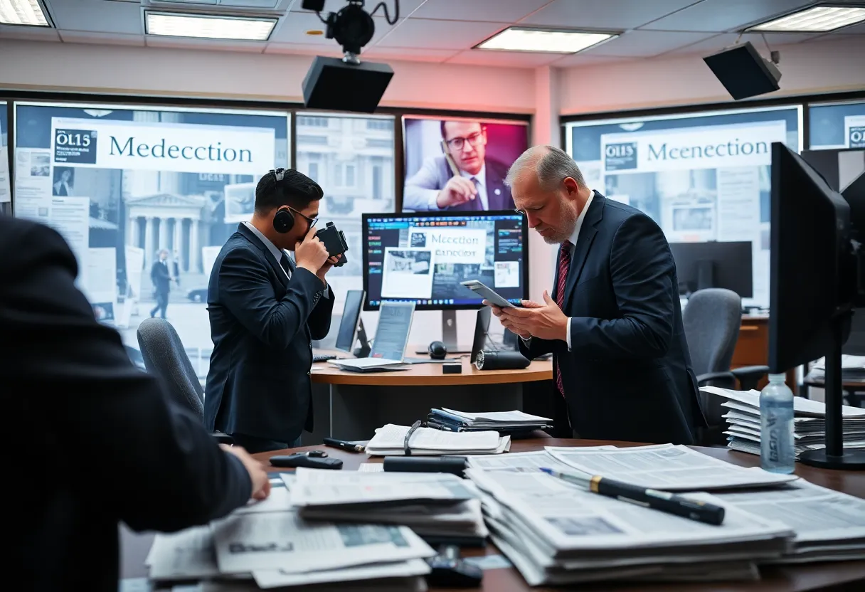 Journalists in a newspaper office discussing misinformation in media.