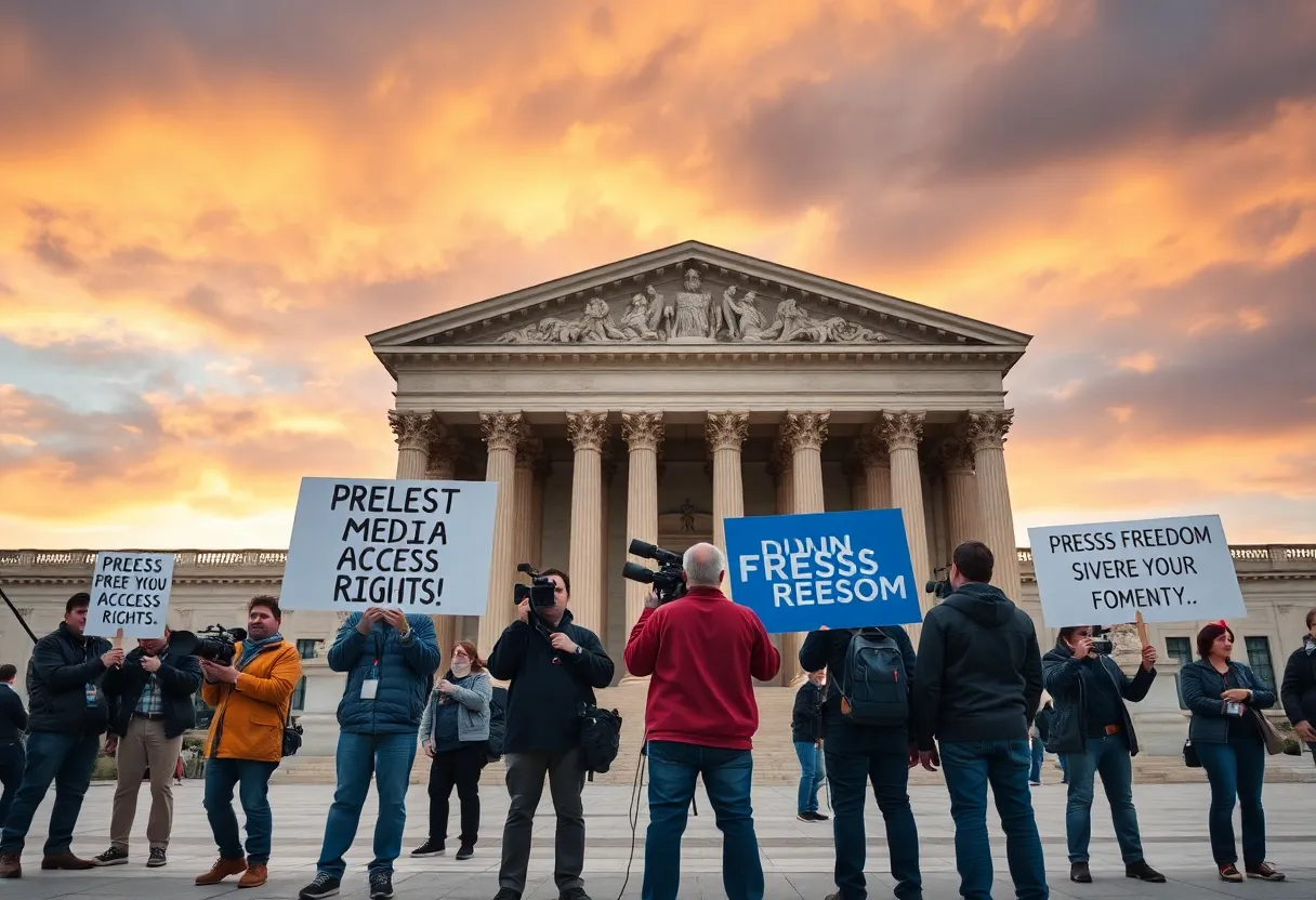 Journalists outside the Pentagon protesting press restrictions