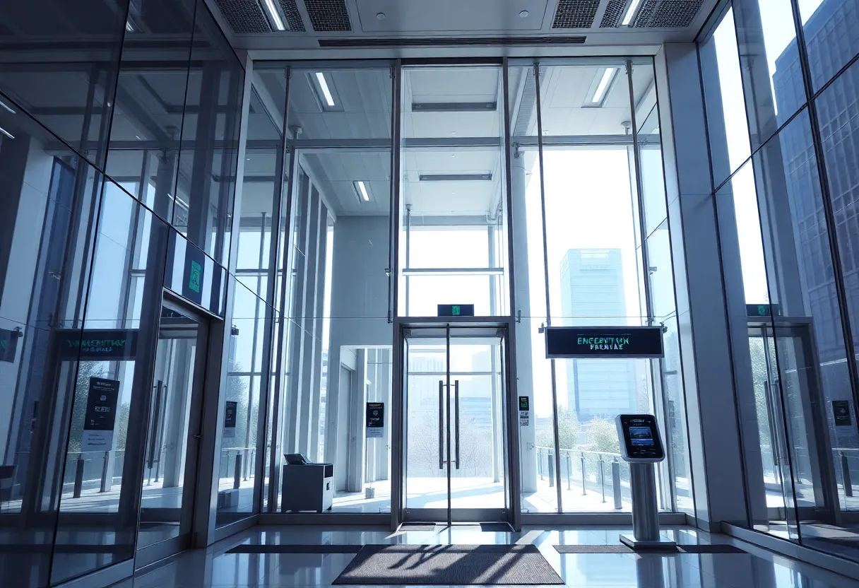 Exterior view of JP Morgan Chase headquarters with security scanning