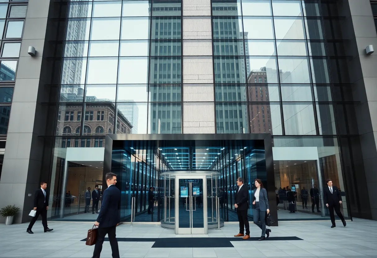 Exterior of JPMorgan Chase headquarters with biometric access features