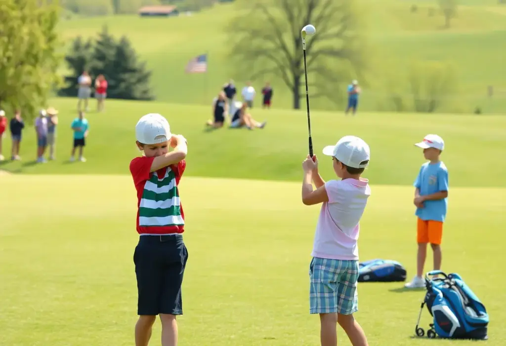 A group of young golfers practicing on a lush green golf course with spectators.