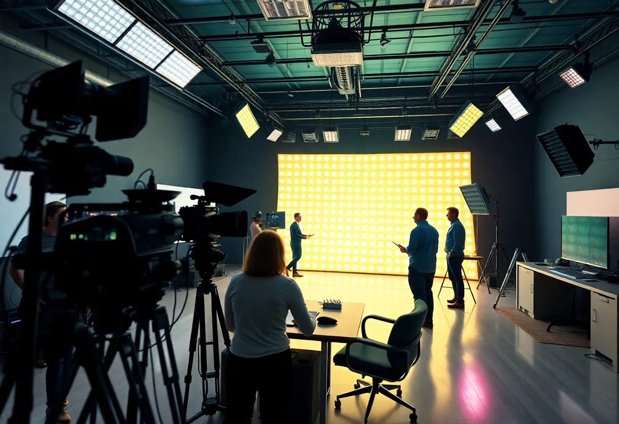 A film production studio showcasing an LED volume wall with creative teams working together