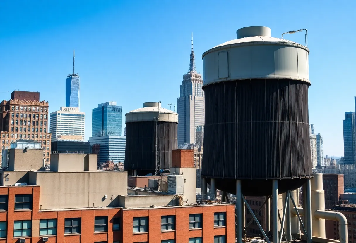 Buildings in New York City with cooling towers representing water management efforts against Legionnaires' disease.