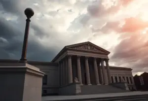 Courthouse exterior with dramatic sky