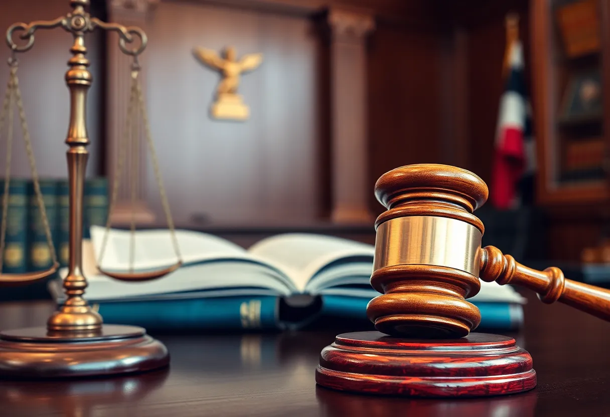 Courtroom scene depicting legal proceedings related to fraud case
