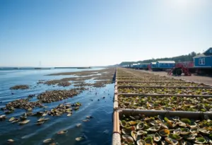 Aquaculture facilities and oyster beds on Long Island's coastline