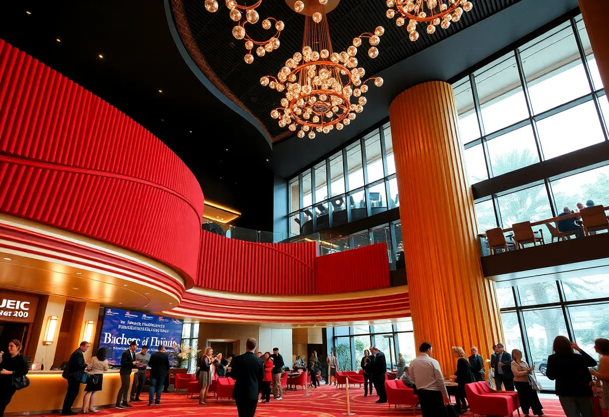 Vibrant lobby of M Social Hotel in Downtown New York with guests enjoying a lively atmosphere.