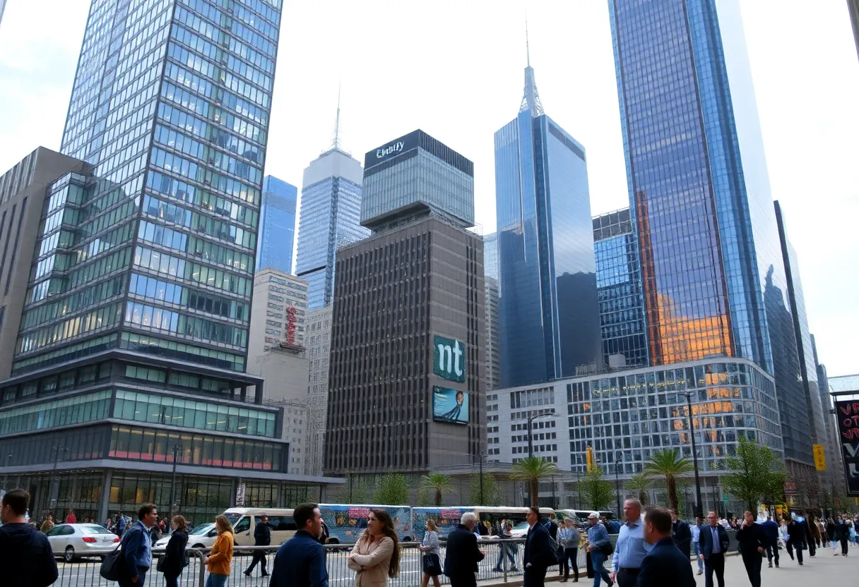 A view of the Manhattan office buildings with vibrant activity.