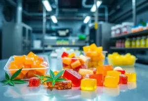 Cannabis-infused edibles displayed in a production facility
