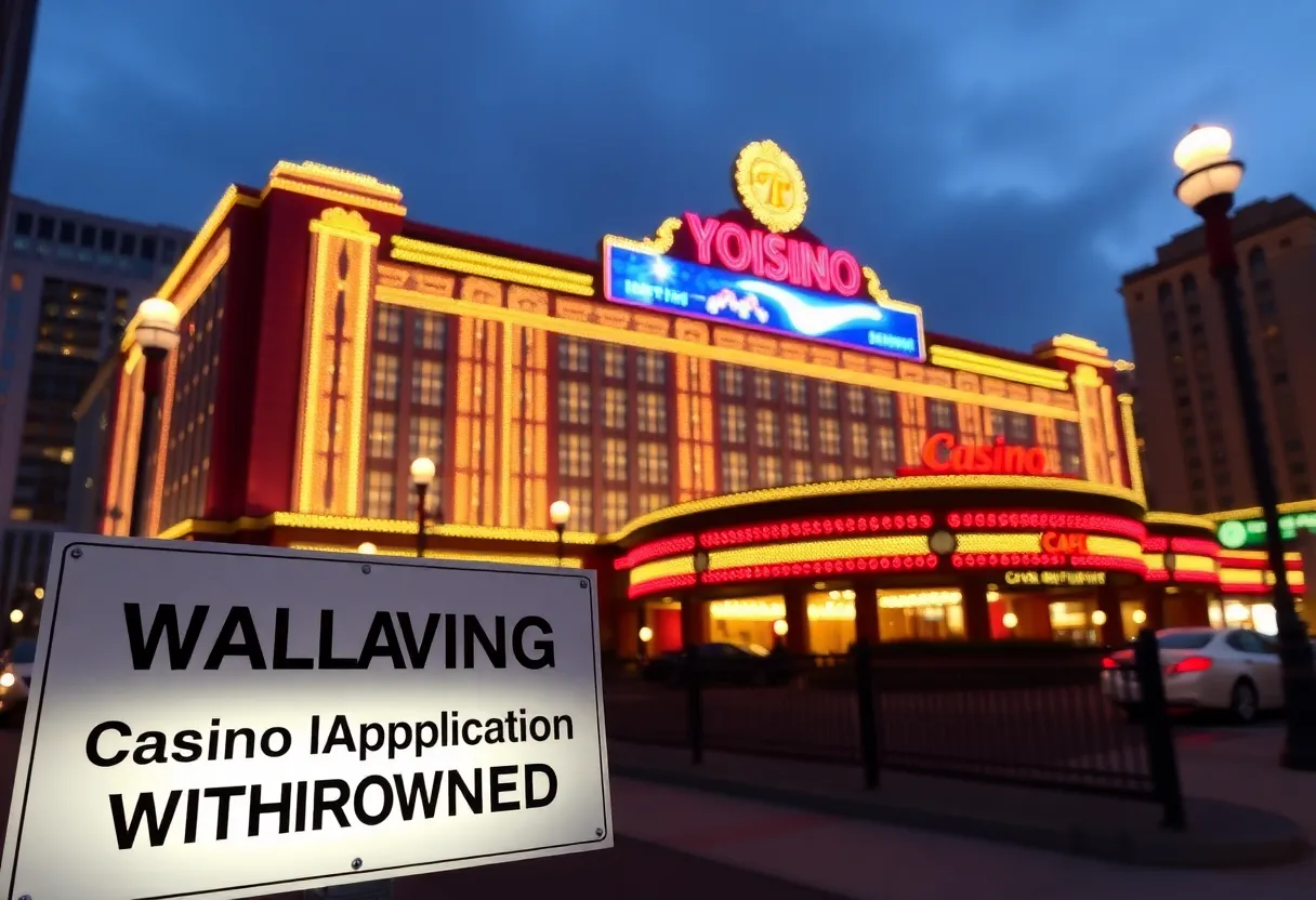 Exterior view of MGM Yonkers Casino with lights