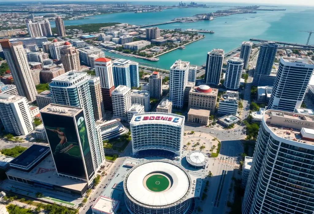 Aerial view of Miami skyline with preparations for FIFA World Cup.