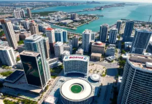 Aerial view of Miami skyline with preparations for FIFA World Cup.
