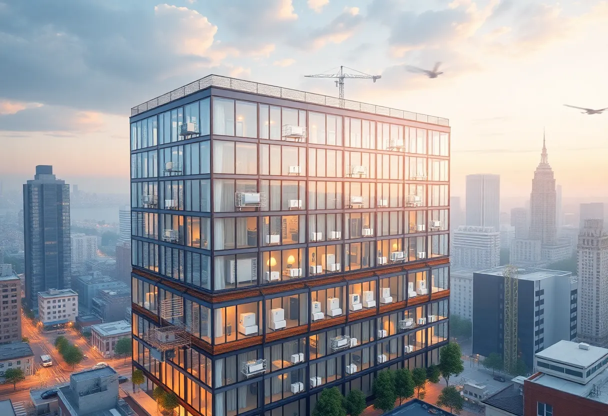 Rendering of a contemporary all-electric building in New York with visible electric appliances